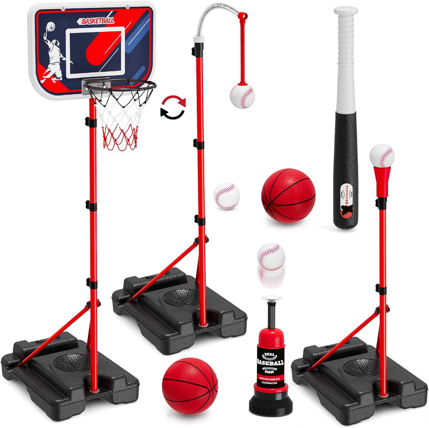 Outdoor Toys For Kids - 4-in-1 Kids Basketball Hoop & T-Ball