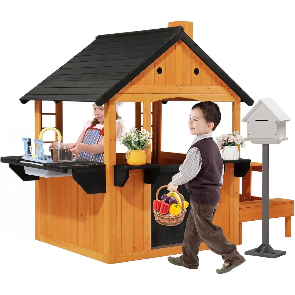 Kids Outdoor Wooden Playhouse - MOR Kids Outdoor Playhouse with Sink